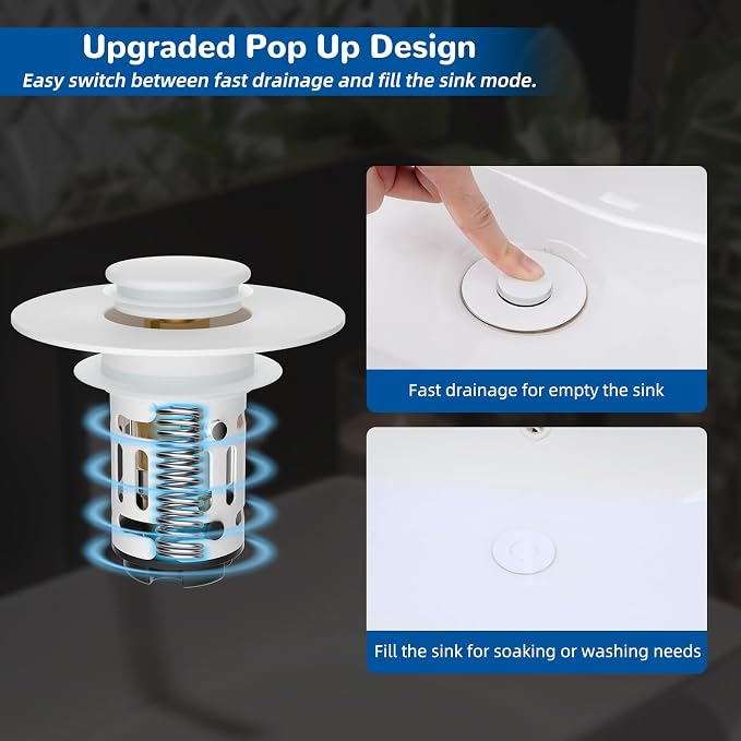 Hibbent 2 Pack 3 in 1 Bathroom Sink Drain Strainer, Universal Pop Up Stopper - Image 6