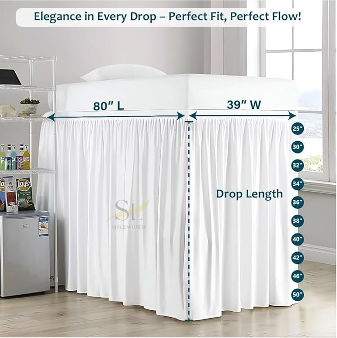 Shreem Linen Dorm Room Bed Skirt Twin XL 50 Inch Drop, 100% Microfiber Extra Long Bedskirt, White