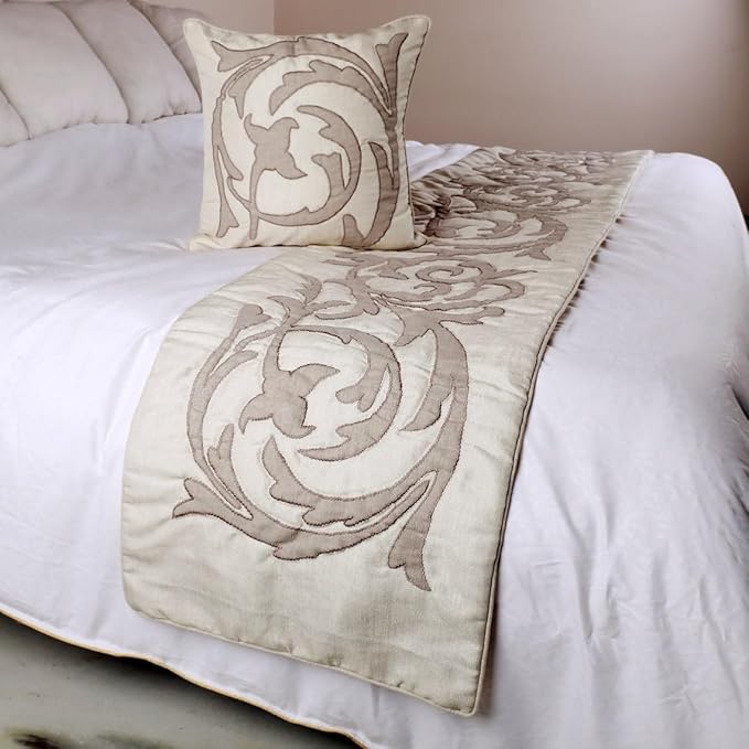 The HomeCentric Decorative Ivory & Beige Twin 53 x 18 inch Bed Runner Without Pillow Cover, Linen Lurex Applique Bed Scarf, Abstract Modern - Pretty Dainty