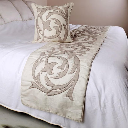 The HomeCentric Decorative Ivory & Beige Twin 53 x 18 inch Bed Runner Without Pillow Cover, Linen Lurex Applique Bed Scarf, Abstract Modern - Pretty Dainty