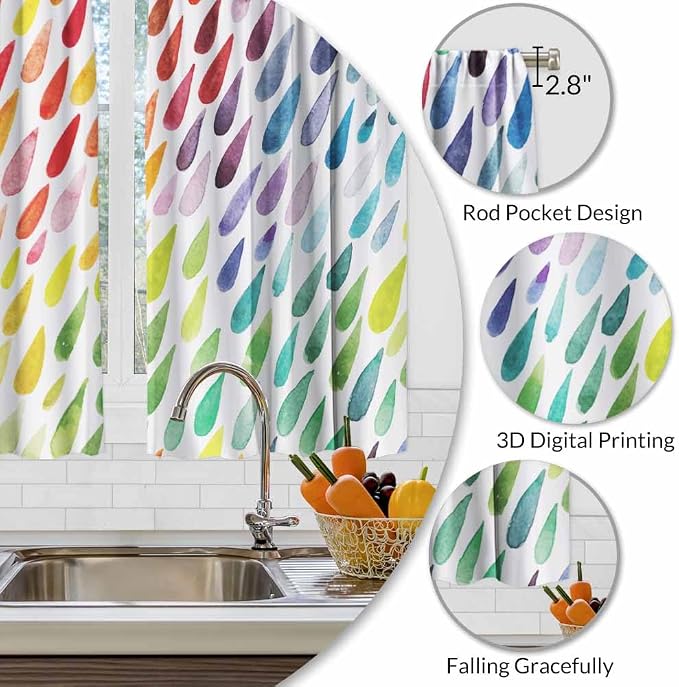 Rainbow Raindrops Kitchen Curtains Colorful Abstract Droplet Blob Brush Strokes - Image 3