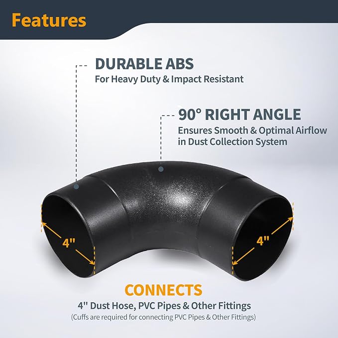 POWERTEC 70105 4" Elbow Dust Hose Connector, 90 Degree Elbow - Image 3