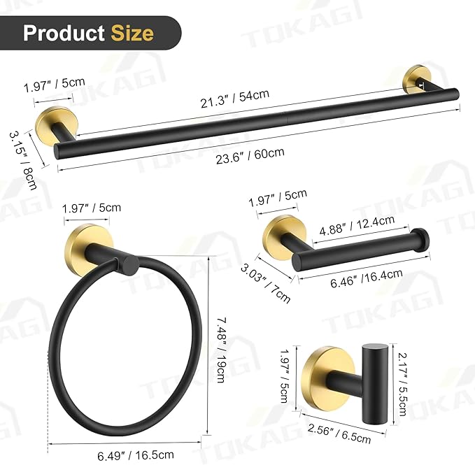 TQKAG Black and Gold Bathroom Accessory Set 5 Pieces, Round Stainless Steel - Image 6