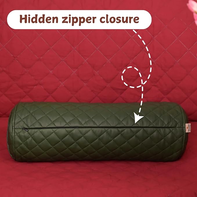Neck Roll Pillow Cushion Cover, 18x7 Inch Full Moon Round Bolster Pillow Case, Cylinder Soft Lambskin Leather Pillowcase for Head, Spine & Neck Support During Sleep - Quilted Dark Green Pack of 2