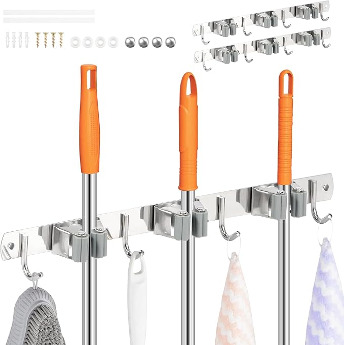 2 Pack Broom Holder Wall Mount 3 Racks 4 Hooks Stainless Steel Broom Mop Holder - Image 3