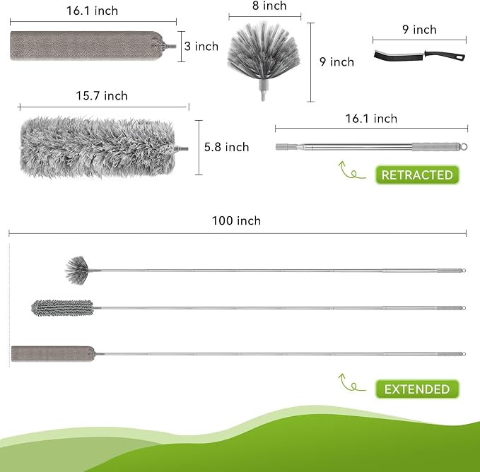 100-inch Duster with Extension Pole, 9-in-1 Cobweb Duster Kit Includes Spider - Image 4