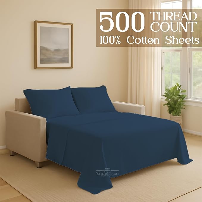 Sleeper Sofa 4 Piece Bed Sheet Set Premium Quality 100% Cotton 500 Thread Count, Smooth & Super Soft Sateen Weave, Extra Soft Bed Sheets, Wrinkle Free, 4 Inch Deep Pocket (Full, Medium)