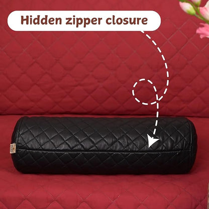 Neck Roll Pillow Cushion Cover, 16x6 Inch Full Moon Round Bolster Pillow Case, Cylinder Soft Lambskin Leather Pillowcase for Head, Spine & Neck Support During Sleep - Quilted Black Pack of 1