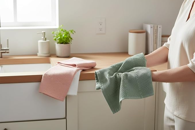 Sage White Light Pink Kitchen Hand Dish Towels: Oversized 28" x 18", 100% - Image 3