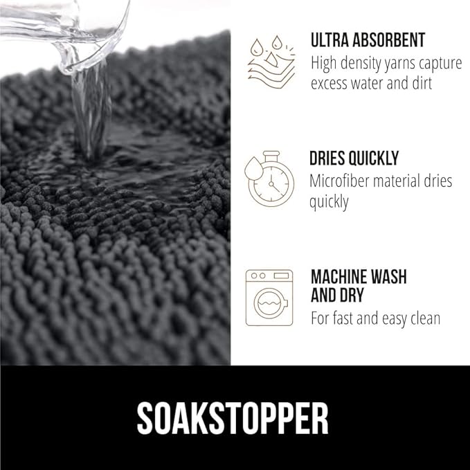 GORILLA GRIP SOAKSTOPPER Dog Door Mat, 60x36 Machine Washable Rug Absorbent Doormat Captures Moisture Mud Dirt, Quick Dry Soft Chenille Entryway Rugs Indoor Entrance Mats for Dog Paws, Charcoal