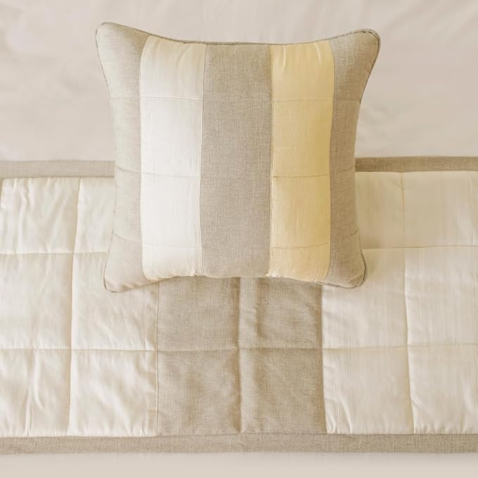 The HomeCentric King/Queen/Twin Beige Decorative CA King 86"x18" Bed Runner with 2 Pillow Cover, Color Block, Patchwork, Quilted, Silk, Linen & Striped Bed Scarf on Linen & Silk Fabric - Alikka