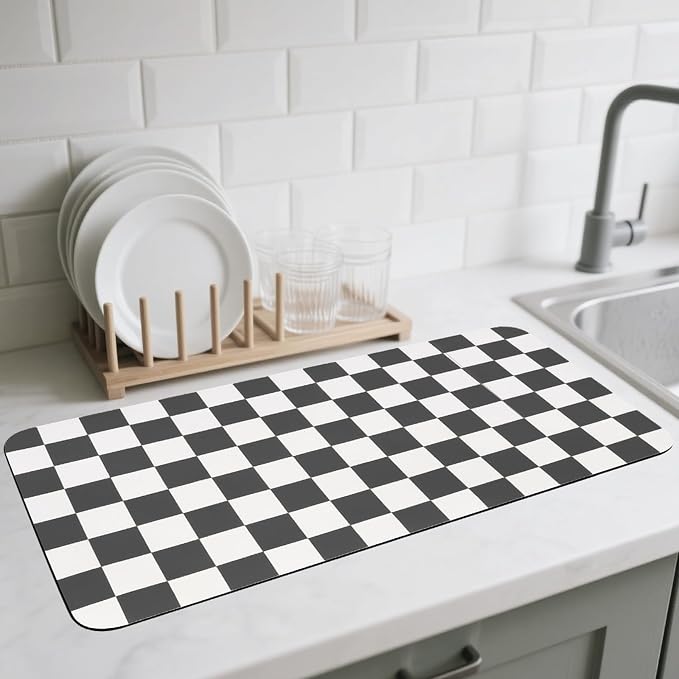 Checkered Dish Drying Mat for Kitchen Counter, Absorbent Non-Slip Coffee Mat by CooRug