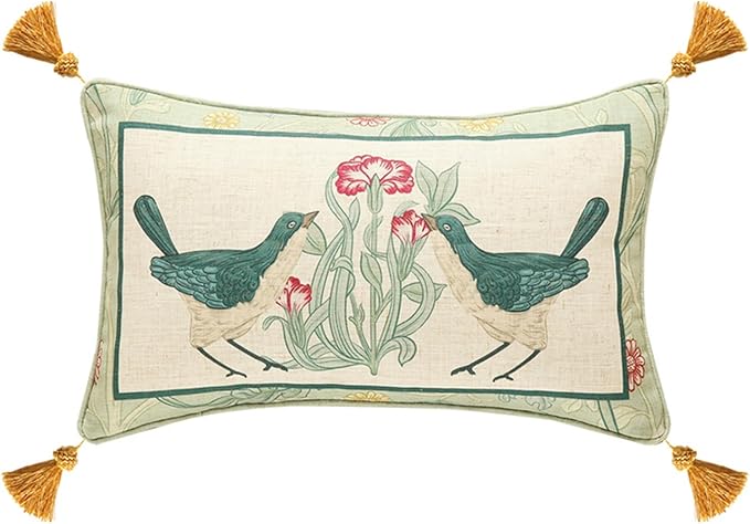 patdrea Designer Rectangle Throw Pillow Covers,Farmhouse Linen with Green Floral Pattern Pillows Cover,Decorative Lumbar Pillowcases Cushion for Bed Living Room Outdoor Car,12"x20"