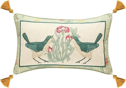 patdrea Designer Rectangle Throw Pillow Covers,Farmhouse Linen with Green Floral Pattern Pillows Cover,Decorative Lumbar Pillowcases Cushion for Bed Living Room Outdoor Car,12"x20"