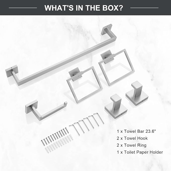 TQKAG 6-Piece Bathroom Towel Bar Sets Brushed Nickel 23.6 inch Towel Bar - Image 7