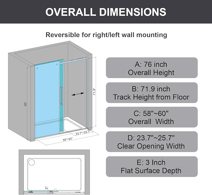 Luxury Soft-Closed Frameless Sliding Shower Door, 58–60" W x 76" H, 3/8" - Image 3