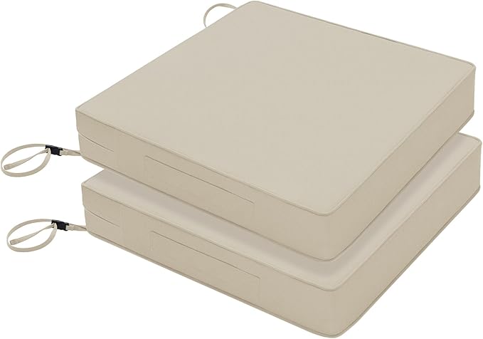 Favoyard Patio Chair Cushions 18 x 18 x 3 Inch Waterproof Outdoor Seat Cushions for Patio Furniture 3-Year Color Fastness Garden Sofa Couch Chair Pads with Handle & Adjustable Straps Set of 2, Beige