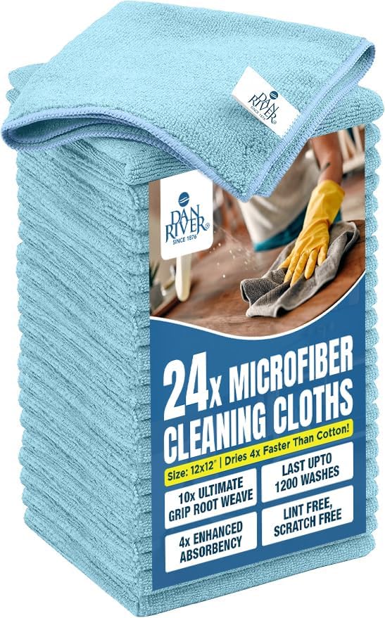 DAN RIVER 24-Pack Blue Microfiber Towels – Ultra Absorbent, Lint-Free & by DanRiver