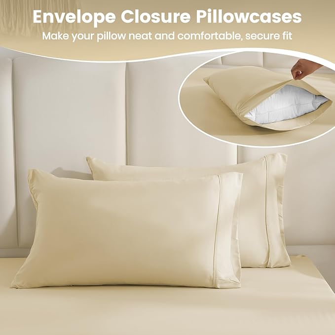 Breathable Cooling Full Sheet Set - Hotel Luxury 4 Piece Deep Pocket Sheets for Full Size Bed, Fits 16" Mattress, Easy Care Wrinkle Free Bedding Sheet and Pillowcase Set, Beige