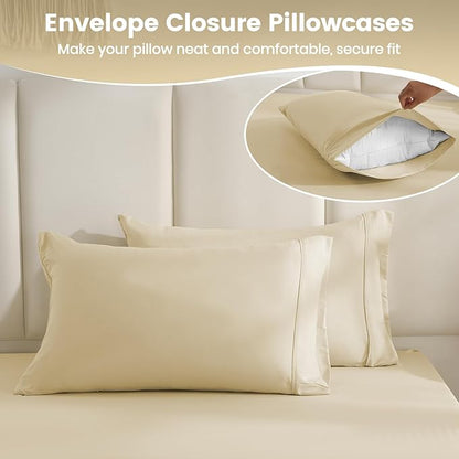 Breathable Cooling Full Sheet Set - Hotel Luxury 4 Piece Deep Pocket Sheets for Full Size Bed, Fits 16" Mattress, Easy Care Wrinkle Free Bedding Sheet and Pillowcase Set, Beige