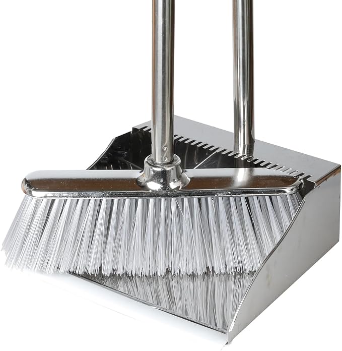 Metal Dustpan with Soft Bristles Broom Heavy Duty Stainless Steel Upright by Dodifker