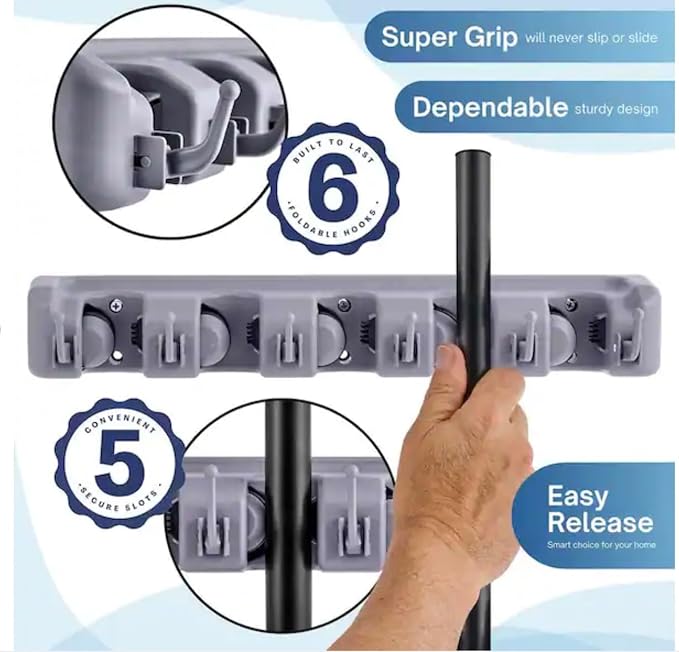 Wall Mounted Broom and Mop Holder, 16 Inch Plastic Organizer, 6 Foldable Hooks - Image 6