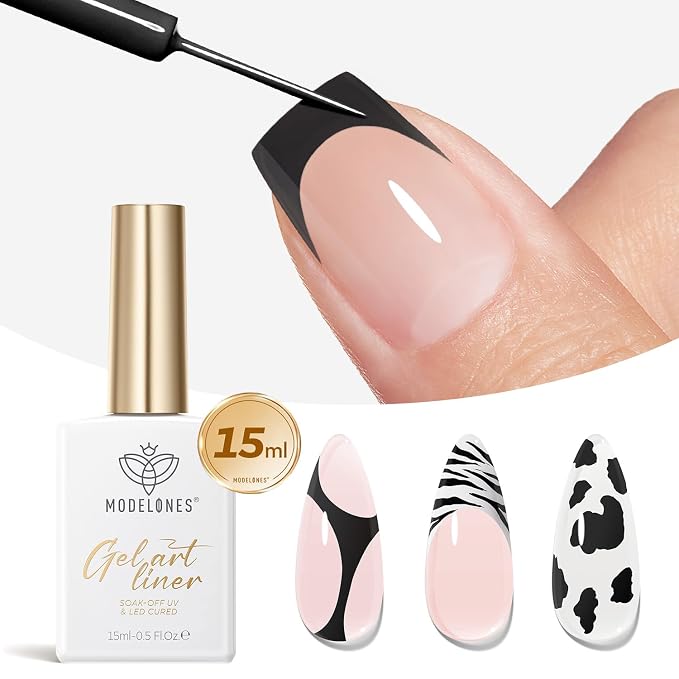 modelones Black French Tip Liner Gel Polish, 15 ML All Black Classic Color Nail - Image 9