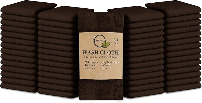 Softolle 100% Cotton Washcloths 60 Pack Soft, Highly Absorbent Washcloth by Softolle