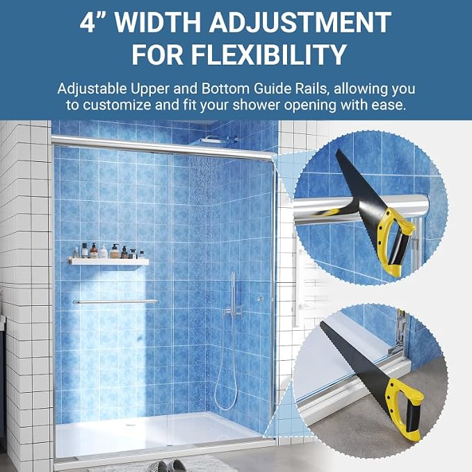 Glass Sliding Shower Door 56-60" W x 72" H, Semi Frameless Double Sliding - Image 4