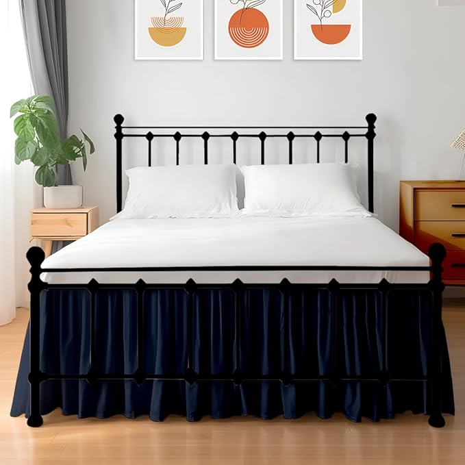 Shreem Linen Ruffled Bed Skirt with Split Corners, Gathered Style, 100% Microfiber, 18-Inch Drop, Dust Ruffle Bedskirt with Platform, RV King, Navy Blue