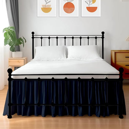 Shreem Linen Ruffled Bed Skirt with Split Corners, Gathered Style, 100% Microfiber, 10-Inch Drop, Dust Ruffle Bedskirt with Platform, Short Queen, Navy Blue