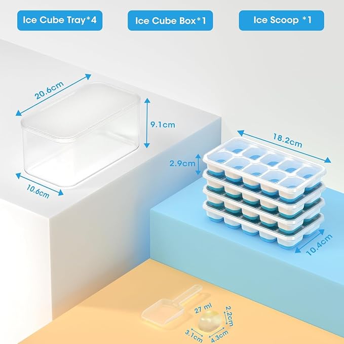 DOQAUS Ice Cube Tray with Lid and Bin, 4 Pack Silicone Plastic Ice Cubes Trays - Image 5