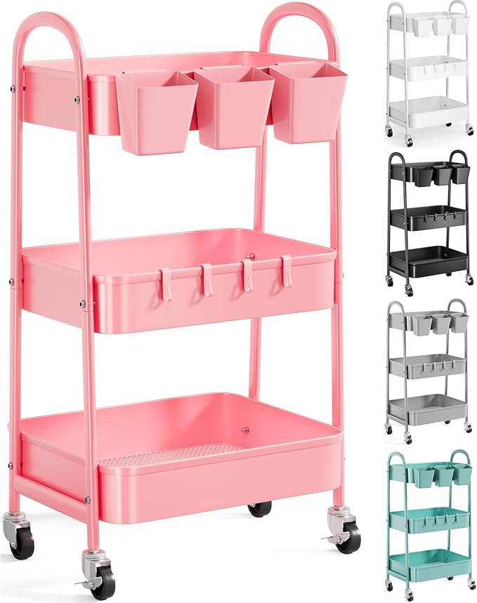 3 Tier Metal Rolling Cart with Lockable Wheels and Handle, Three Tiered Pink by Recximi