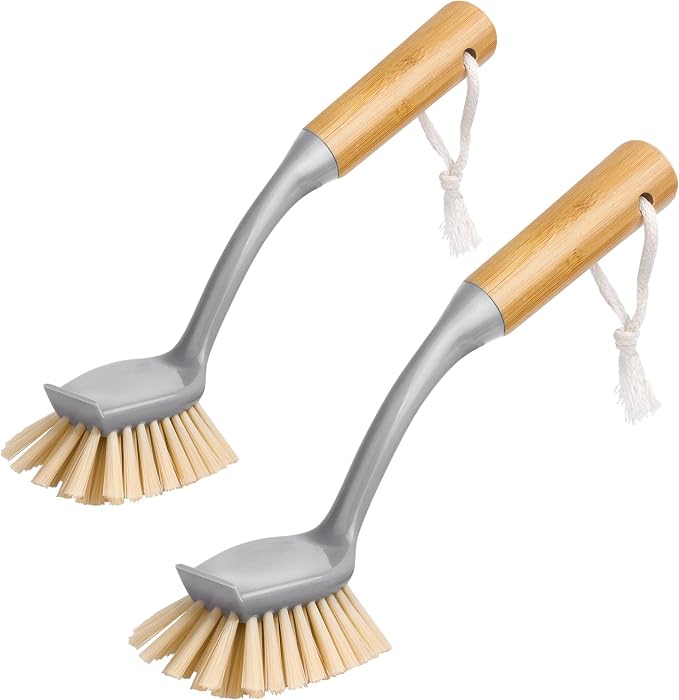 MR.SIGA Dish Brush with Long Bamboo Handle Built-in Scraper, Scrub Brush by MRSIGA