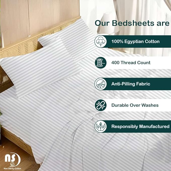 NON Sticky cotton Twin Size Sleeper Sofa Sheets, 4 Piece Egyptian Cotton Bed Sheet Set for Sofa Bed, 6" Deep Pocket Fitted Sheet for Pull Out Couch Mattress, 39" x 75", White Stripe, Soft & Breathable