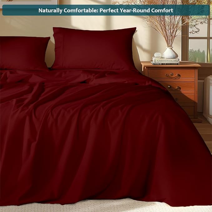 California King Sheet Set - Luxury 338 Thread Count 100% Egyptian Cotton Sateen, Deep Pocket Sheets with All Around Elastic for a, Hotel Quality Bedding Set (Burgundy Solid)