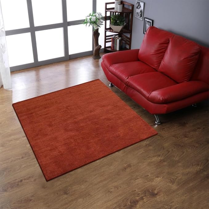 Hand Knotted Loom Wool ECO-Friendly Area Rugs - 8'x8', Square, Light Red Color, Solid Plain Design, High Pile Handmade Anti Skid Area Rugs for Living Room, Bed Room (L00111)