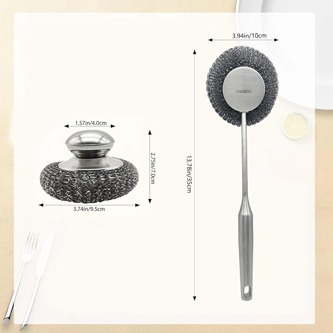 Stainless Steel Wool Scrubber Set, Long Handle & Handle Brushes, Metal Brush - Image 7