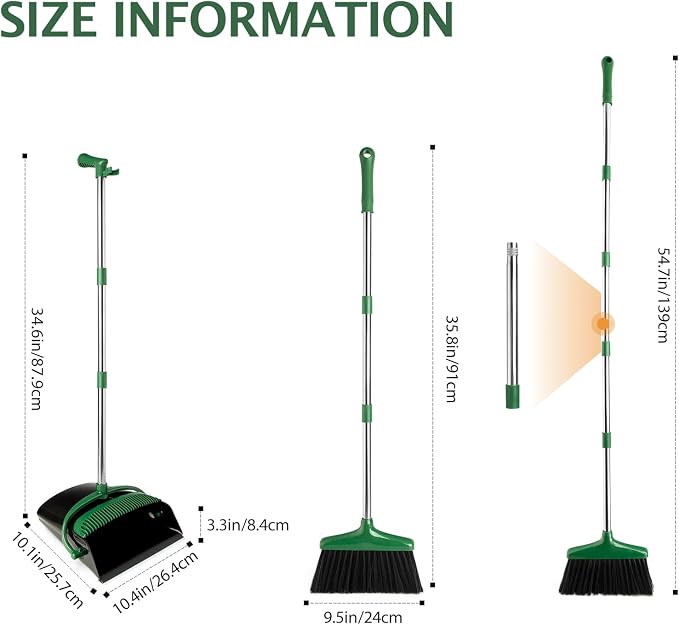 Broom and Dustpan Set with Long Handle, Light Weight Stainless Steel Poles - Image 2