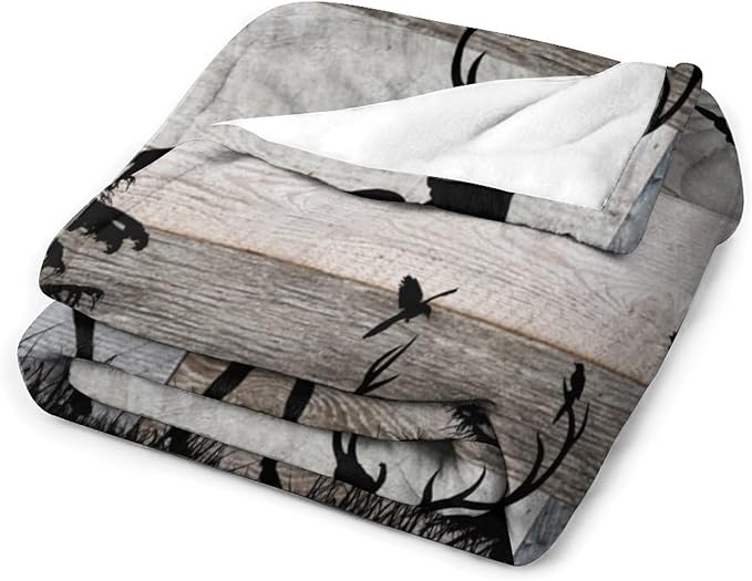 Rustic Deer Throw Blanket, Retro Cabin Farmhouse Country Lodge Blue Brown Wooden Board Wild Forest Animals Deer Bird Print Warm Cozy Blanket for Bed Couch Sofa Travel, 30"x40"