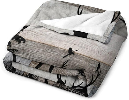 Rustic Deer Throw Blanket, Retro Cabin Farmhouse Country Lodge Blue Brown Wooden Board Wild Forest Animals Deer Bird Print Warm Cozy Blanket for Bed Couch Sofa Travel, 30"x40"
