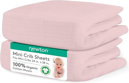 Newton Baby Fitted Mini Crib Sheets (2-Pack) | Organic Muslin Cotton, Breathable & Soft Baby Sheets, Washable Baby Mattress Sheets, Fits Mini Crib Mattresses 24" x 38", Sunrise Pink