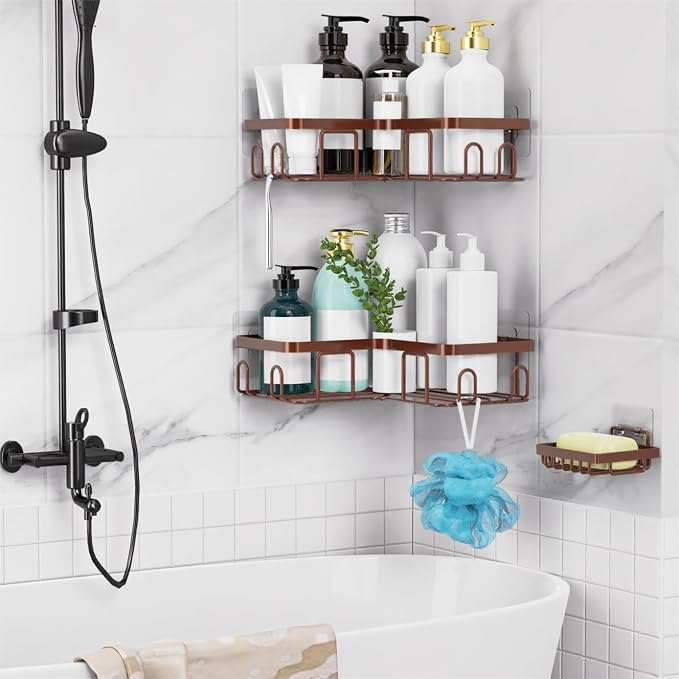 Moforoco Corner Shower Caddy Shelf Organizer Rack, Self Adhesive Black Bathroom - Image 4