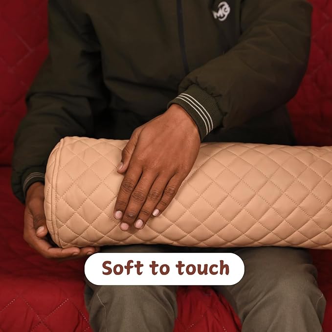 Neck Roll Pillow Cushion Cover, 14x6 Inch Full Moon Round Bolster Pillow Case, Cylinder Soft Lambskin Leather Pillowcase for Head, Spine & Neck Support During Sleep - Quilted Beige Pack of 2