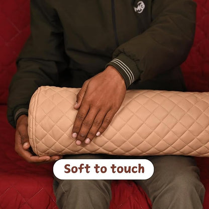 Neck Roll Pillow Cushion Cover, 14x6 Inch Full Moon Round Bolster Pillow Case, Cylinder Soft Lambskin Leather Pillowcase for Head, Spine & Neck Support During Sleep - Quilted Beige Pack of 2