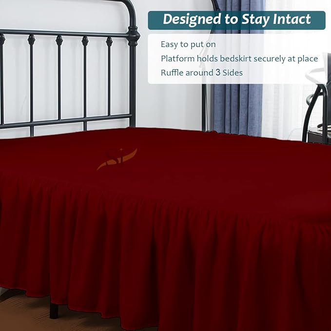 Shreem Linen Ruffled Bed Skirt with Split Corners, Gathered Style, 100% Microfiber, 28-Inch Drop, Dust Ruffle Bedskirt with Platform, Full-XXL, Burgundy