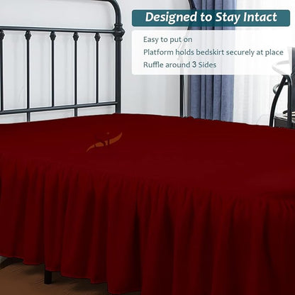 Shreem Linen Ruffled Bed Skirt with Split Corners, Gathered Style, 100% Microfiber, 15-Inch Drop, Dust Ruffle Bedskirt with Platform, Short Queen, Burgundy