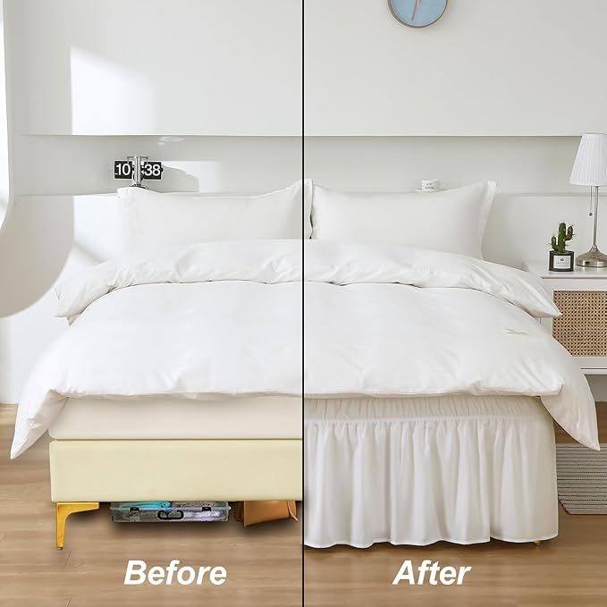 MEILA Wrap Around Bed Skirt Three Fabric Sides Elastic Dust Ruffled 14 Inch Tailored Drop,Easy to Install Fade Resistant-Natural White, Twin/Full