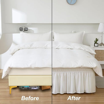 MEILA Wrap Around Bed Skirt Three Fabric Sides Elastic Dust Ruffled 14 Inch Tailored Drop,Easy to Install Fade Resistant-Natural White, Twin/Full