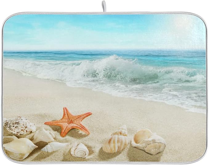 Sweetshow Summer Beach Dish Drying Mat 16 x 18 Inch Sea Wave Shells Starfish by Sweetshow
